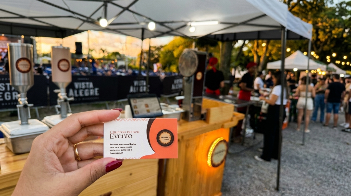 Cartão Churros no seu Evento e carrinho em um evento ao ar livre
